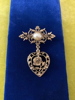 Gold-Tone Floral Heart Drop Brooch with Pearl Accent